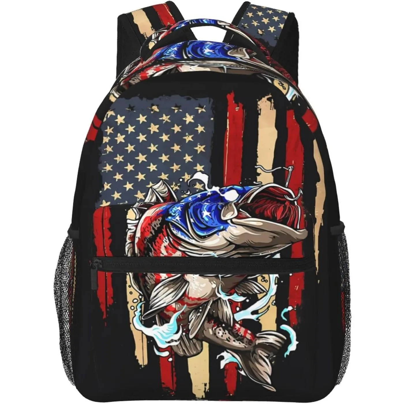

Vintage Fishing American Flag Bass Fishing Fisher Laptop Backpacks Double Shoulder Laptop Pack Bag Daypack Rucksack Computer Bag