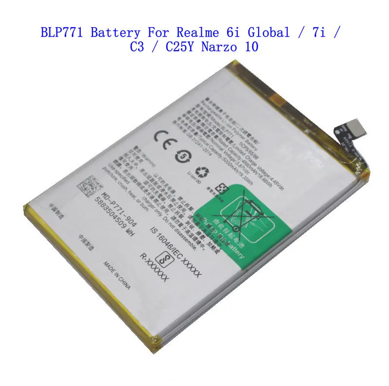 1x BLP771 5000mAh Replacement Battery For Realme 6i Global / C25Y / 7i / C3 / Narzo 10 Mobile Phone Batteries