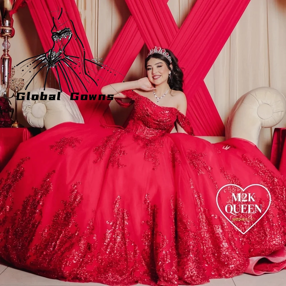 Mexico Red Sequin Ball Gown Quinceanera Dresses Bow 2024 Birthday Luxury Dress Bead Appliques Princess Gown Sweet 16 Customized