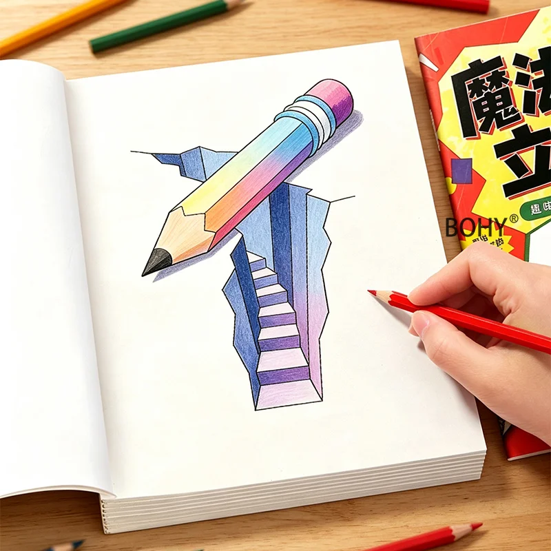 1 Creative Stereoscopic Illusion Coloring Album, Include 16 Pages of Themed 3D Line Draft Patterns Cultivate Spatial Imagination