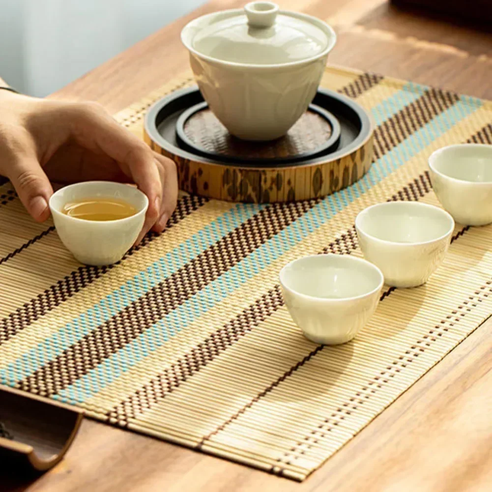 5pcs Bamboo Dining Placemats 5pcs Woven Ribbed Table Mats AntiSlip & Heat Resistant Protect Your Furniture 17.7\