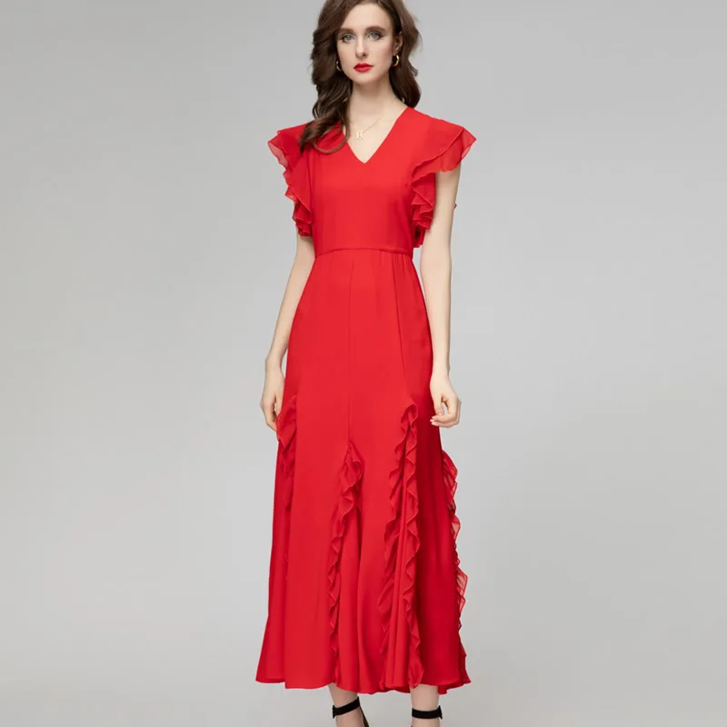 

2024 Spring Red Solid Womentrim Dress Fashion V-Neck Maxi A-Line Dresses 30414