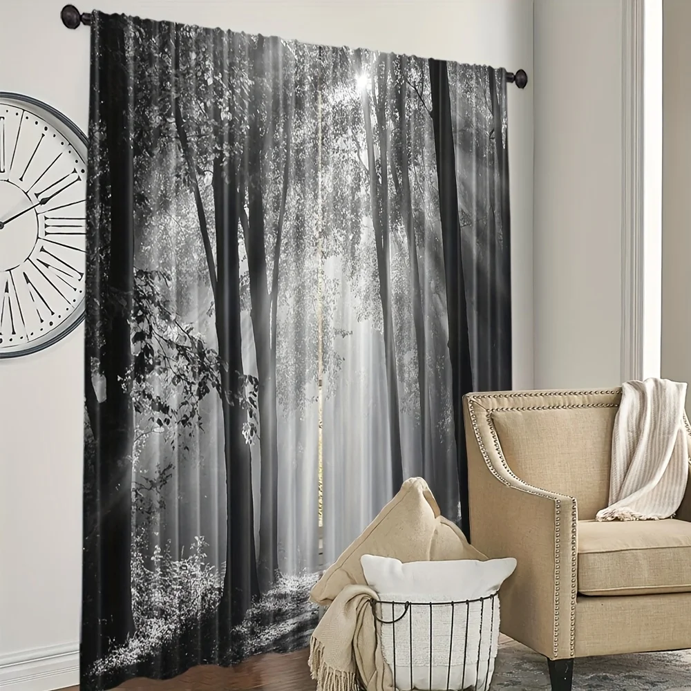 Black and White Forest Sunlight Pattern Curtains sheer light filtering room window drapery home decor