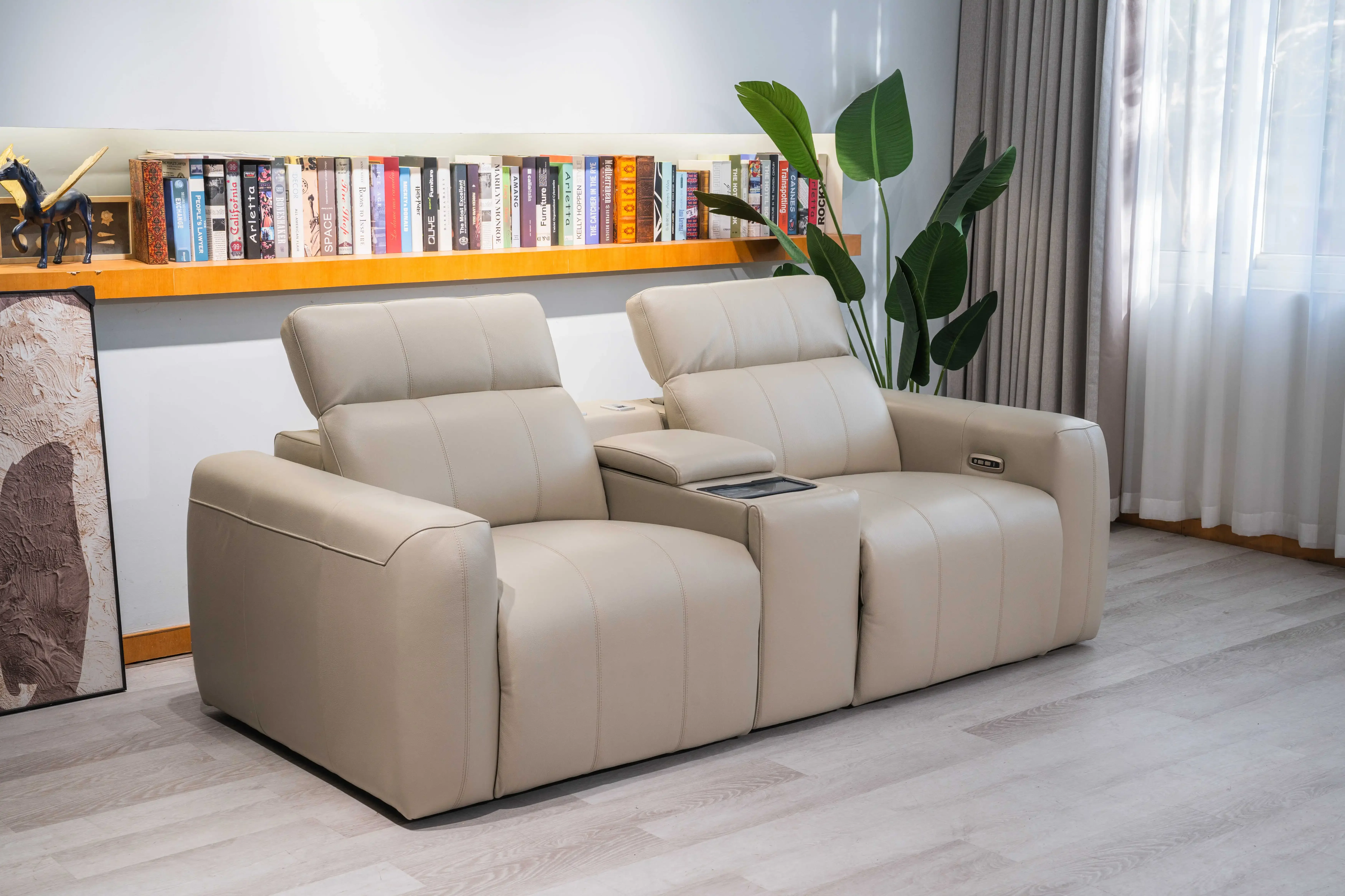 #Electric Modern Genuine Leather Two Seater Extendable Recliner Sofa Set with Wood Frame and Metal Legs