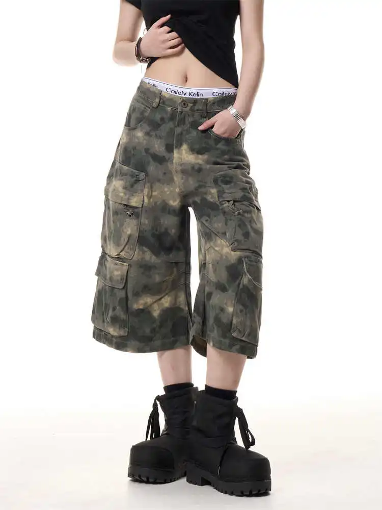 Women Camouflage Jorts Cargo Jean Men Abi Y2K 2000s Ripped Denim Calf-Length Pants Japanese American Retro Cyber Punk Harajuku