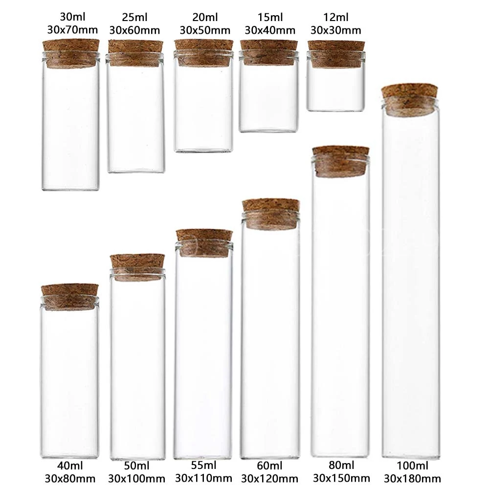 Cork Stopper Dragees Jars Bottles 12ml/15ml/20ml/30ml/40ml/50ml/55ml/60ml/80ml/100ml Small Glass Test Tube with Cork 20 pieces