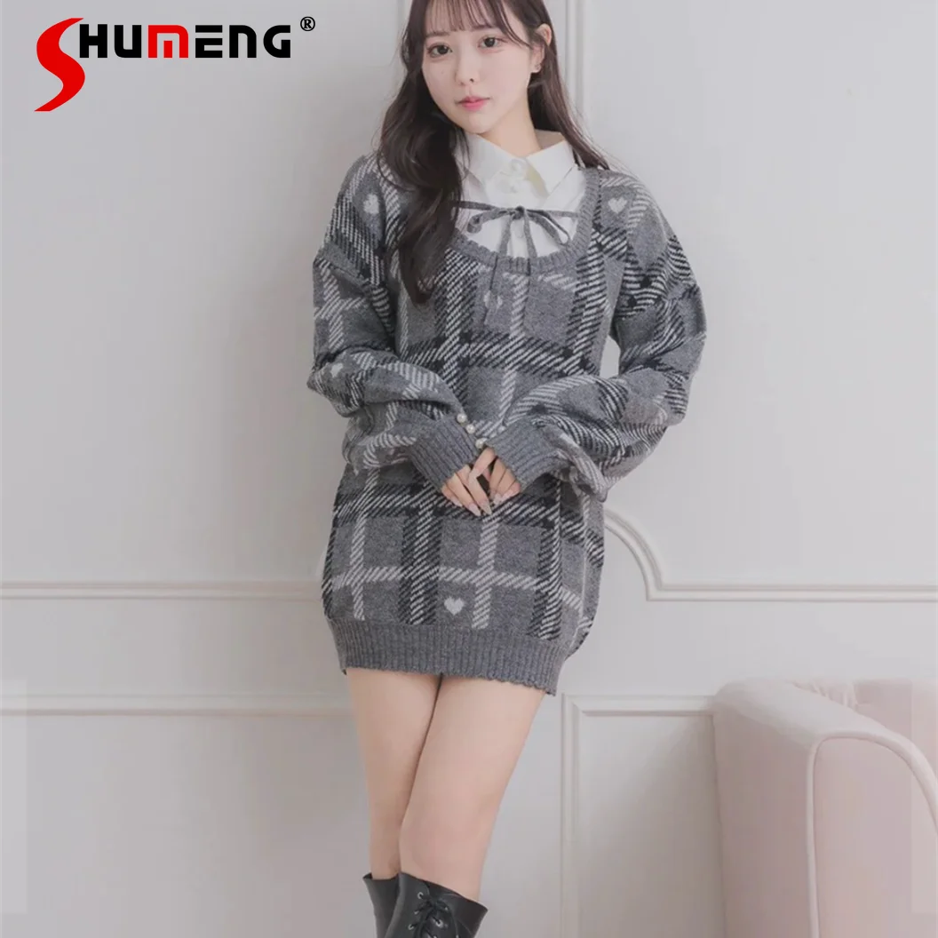 

Japanese Style Elegant Sweet Patchwork Polo Collar Lace-up Bow Long Sleeve Heart Plaid Slim Fit Knitted Dress for Women Autumn