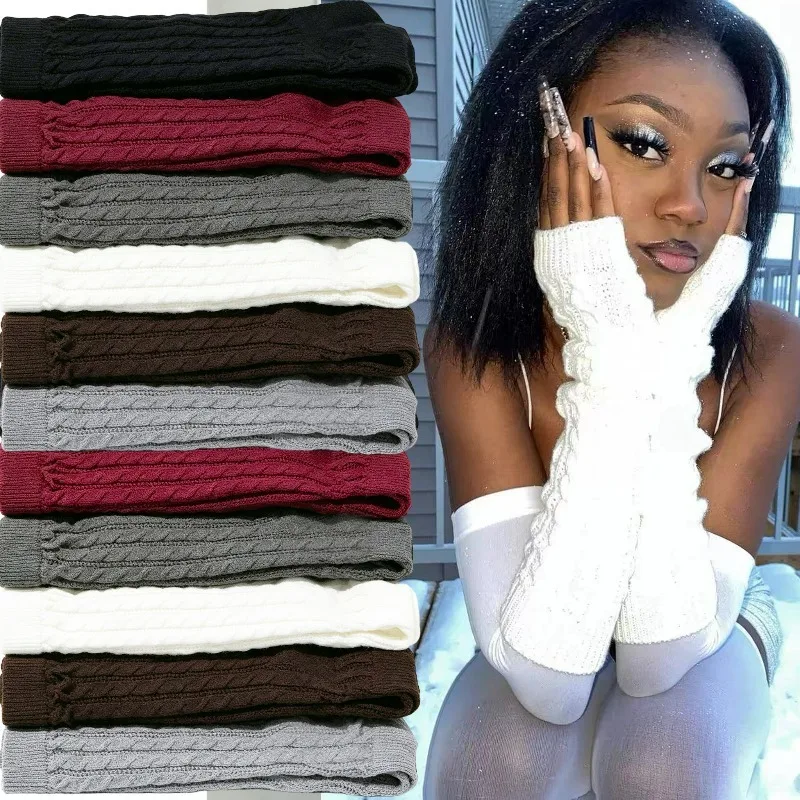Knitted Twist Long Fingerless Gloves Women Autumn Winter Arm Wrist Sleeve Hand Warmer Half Black Over Elbow Punk Gothic Gloves