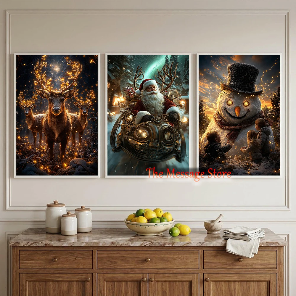 Enchanted Christmas Village Steampunk Santa Claus Fantasy Winter Christmas Holiday Poster Canvas Painting Wall Pictures Decor
