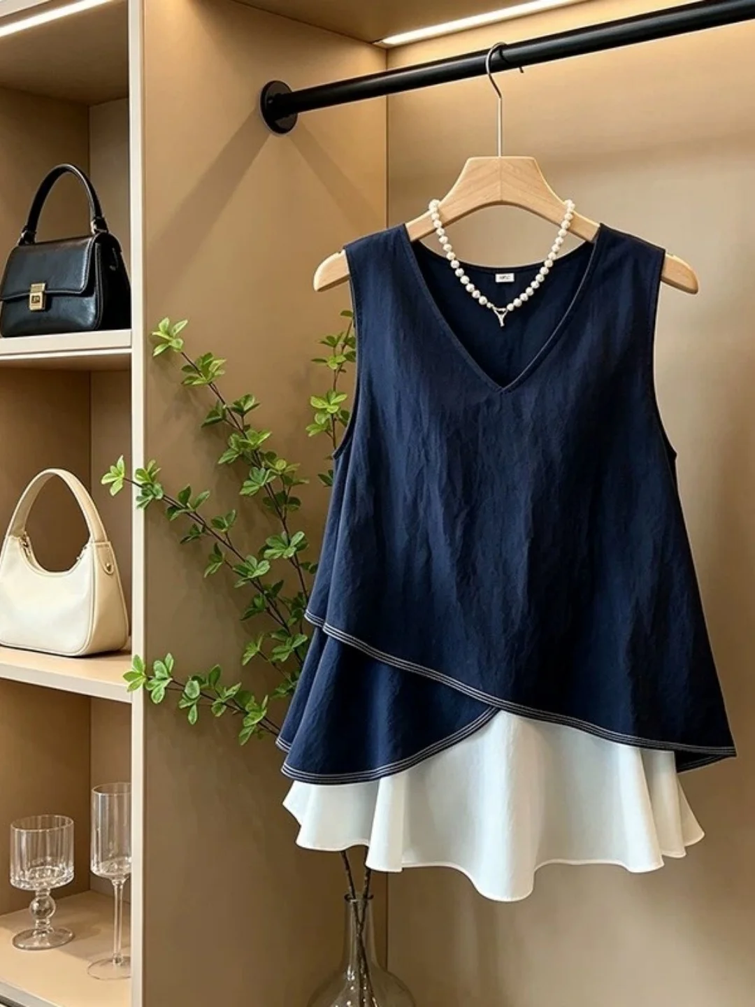 Fashionable V-Neck Sleeveless Vest Women's plus Size Extra Large Patchwork Irregular Ruffle Splice Slimming Top
