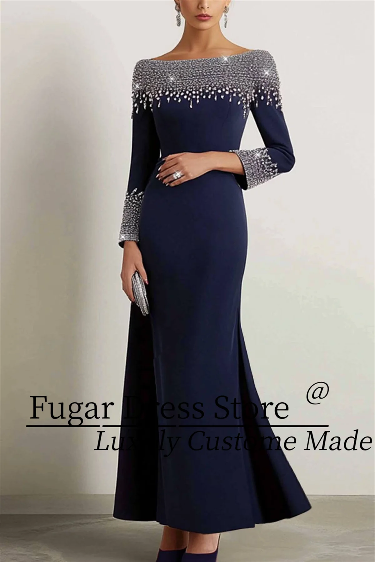 

TIANTIAN Customized Elegant Mermaid Dress Navy Boat Neck Rhinestone Maxi Dress Mother of the Bride Dress vestidos de fiesta
