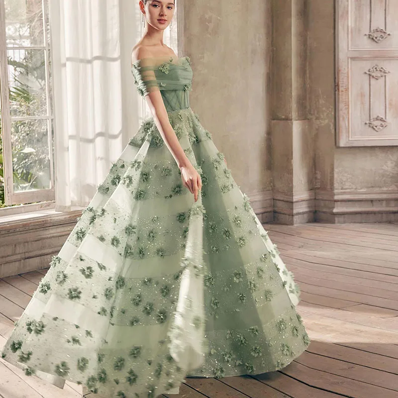 LAYXHS ファッショングリーンフォーマルイブニングドレス恋人 3D フラワー A ライン光沢のあるチュールウエディングドレスカスタマイズされた فساتين سهرة