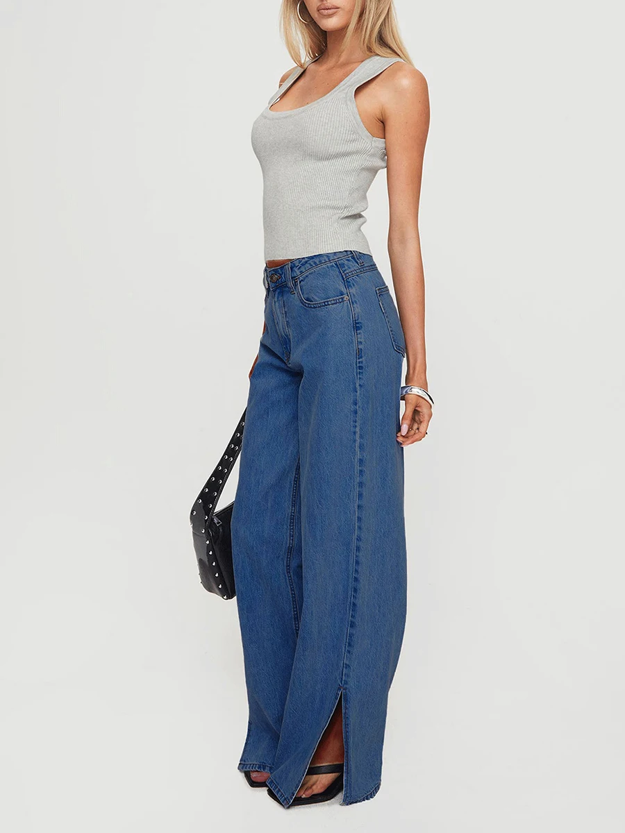 Jean Délavé Taille Basse pour Femme, Jambes Larges, Ourlet Fendu, Pantalon en Denim