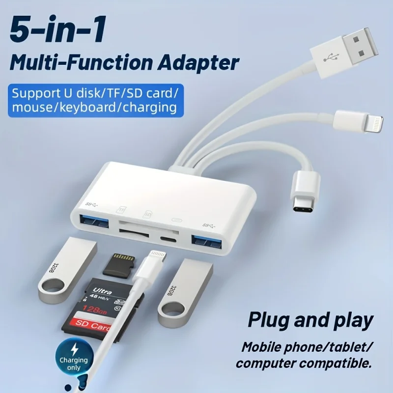 

5-in-1 Multi-Device Memory Card Reader USB OTG for iPhone iPad USB C A SD Micro SD SDHC SDXC MMC High Speed Data Transfer