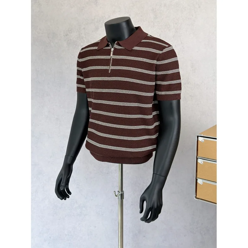 British Style Knitted Half Zip Polo Shirts Men Ice Silk Breathable Casual T-shirt Elastic Comfortable Business Office Social Top