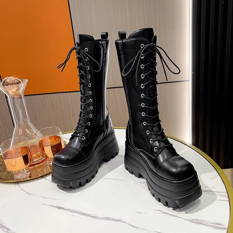 9CM Large Size43 Platform Boots High Quality Round Head Thick Sole Women's Booties British Belt Buckle Women's Boots Botas Mujer