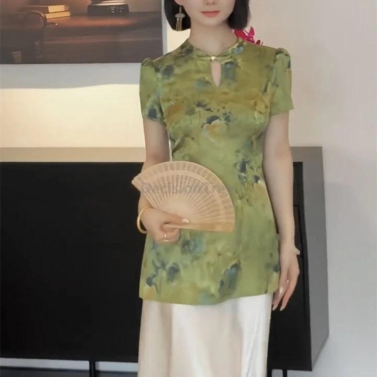 Summer Chinese Style Improved Women Cheongsam Blouse Green Printing Short Sleeve Shirt Casual Daily Lady Stand Collar Top