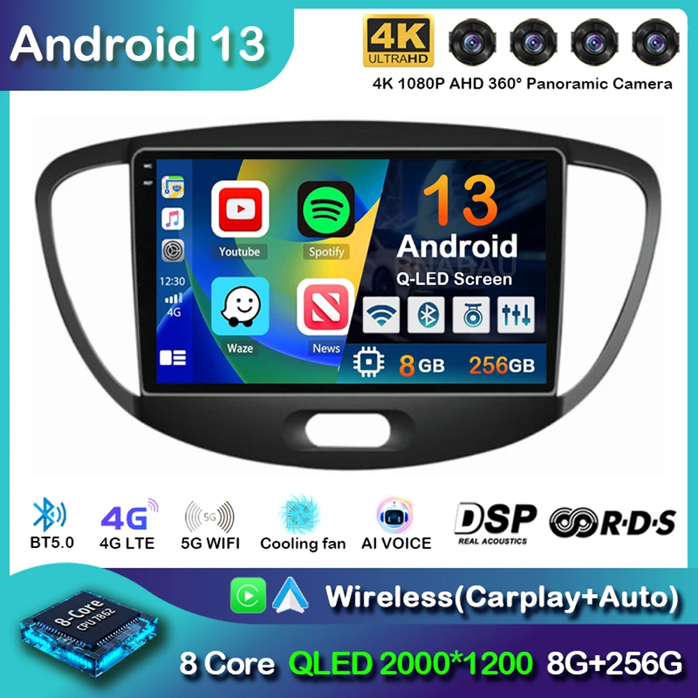 

Android 13 Carplay Auto Car Radio For Hyundai I10 2007 2008 2009 2010 2011 2012 2013 GPS Recorder Multimedia Player 4G+WiFi DSP