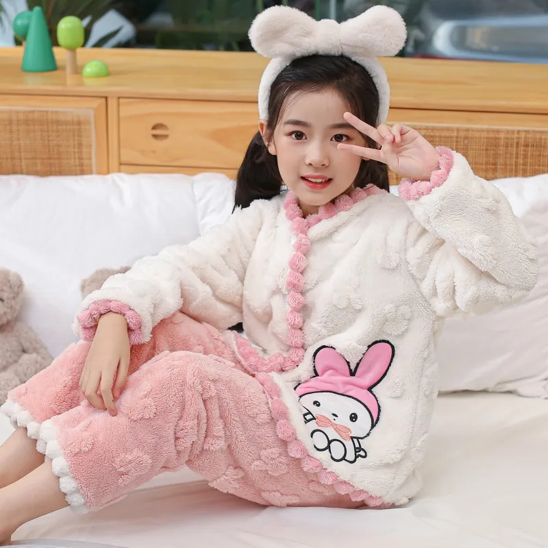 Sanrio Cinnamoroll Winter Thicken Children Pajamas Set Kuromi Kitty Boy Girl Flannel Fleece Warm Sleepwear Kids Home Suit Anime