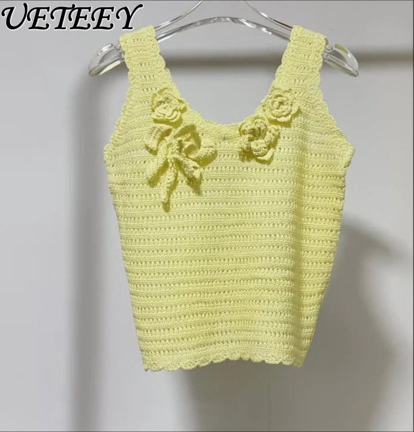 2025 sommer Neue Sanfte Wind Dreidimensionale Blume Dekoration Tank Tops Kurze Abnehmen Gestrickte Sling Weste für Frauen