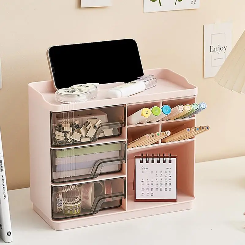 Держатель для карандашей, Женский пыленепроницаемый Органайзер с выдвижным ящиком, шкатулка для хранения с держателем для телефона, для календарей, будильников и мобильных телефонов