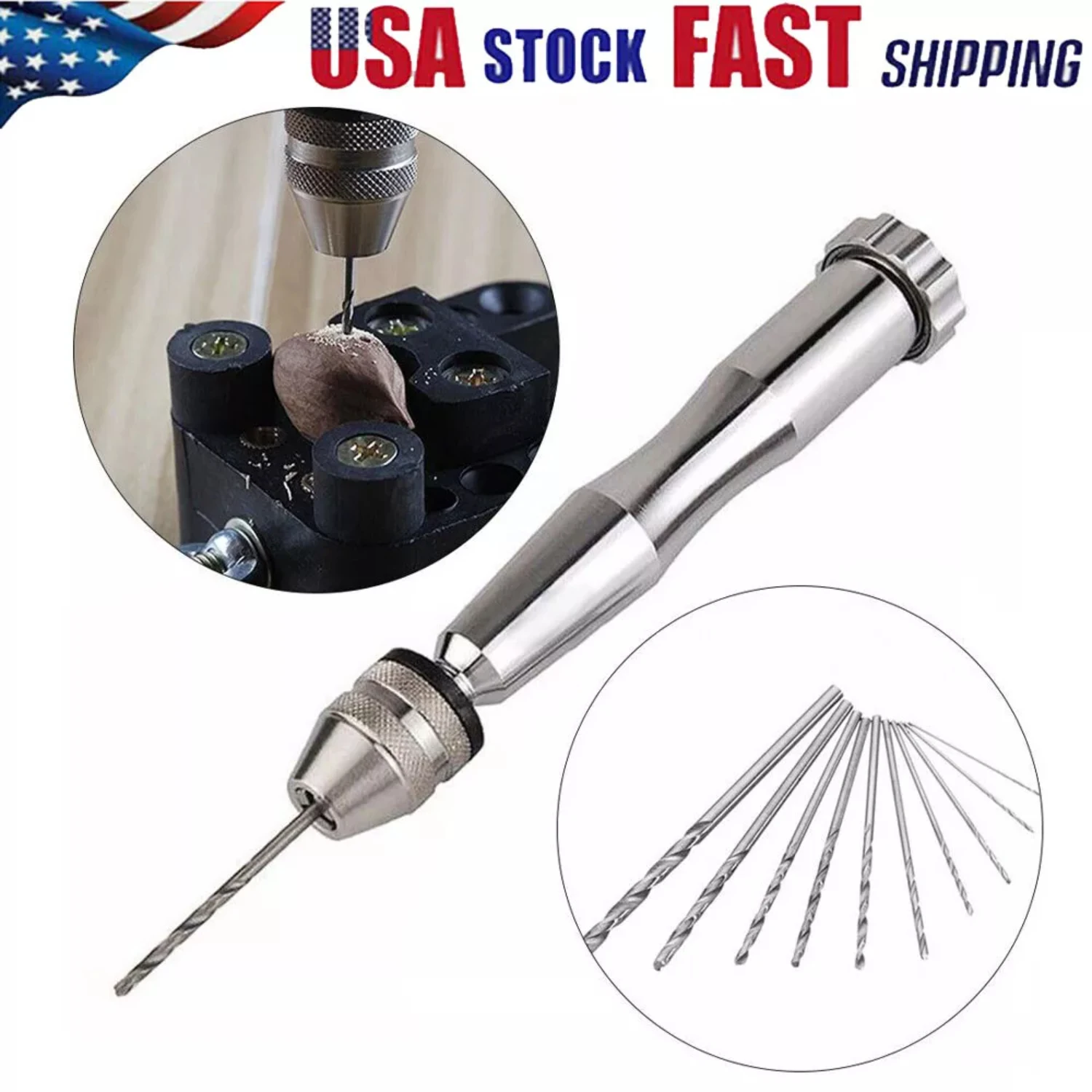 Hand Push Drill Set Chuck Bits Pin Vise Silver Aluminum Workshop Equipment