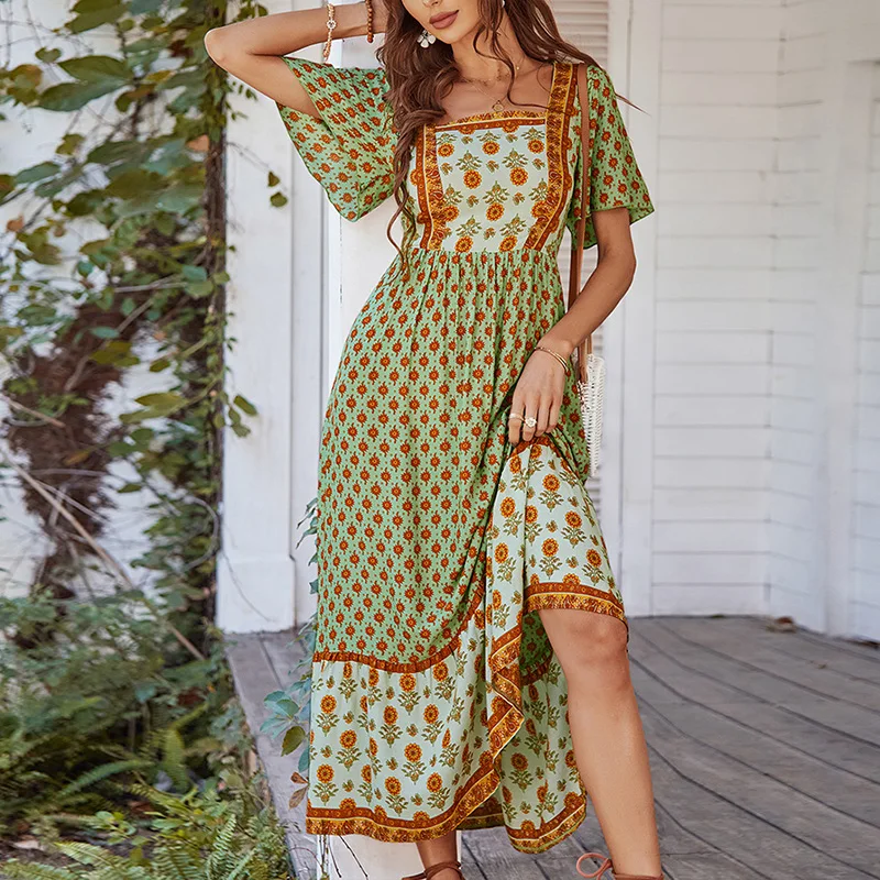 Vintage Boho Floral Damen Sommer Langes Kleid Sexy Quadratischer Kragen Druck Strand Sommerkleid Lässige Urlaub Böhmische Maxikleider