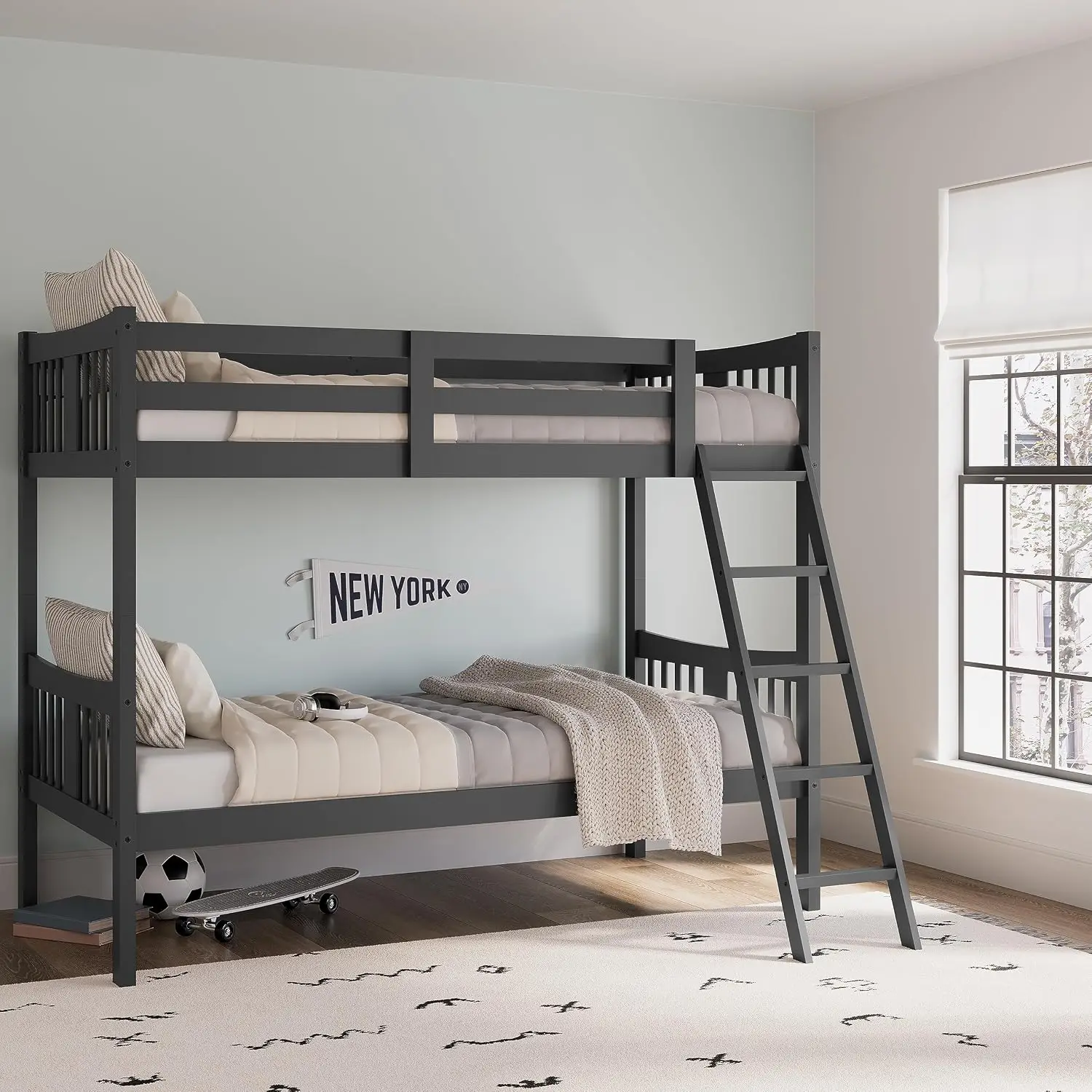 Caribou Twin-Over-Twin Bunk Bed, Gray | GREENGUARD Gold Certified, Wood Twin Bunk Beds for Kids Bedroom, Converts, Customized