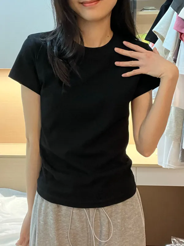 Slim Fit Cotton Short Sleeve T-Shirt Women's Basic Style Summer Casual Wear Black Color Enhancing Thinness Base Layer Shirt