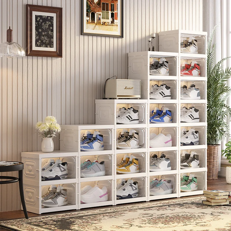 Foldable Transparent Shoe Storage Cabinet 2-8 Tiers Stackable Dustproof Boxes Closet Organizer Rack for Sneakers High Heels