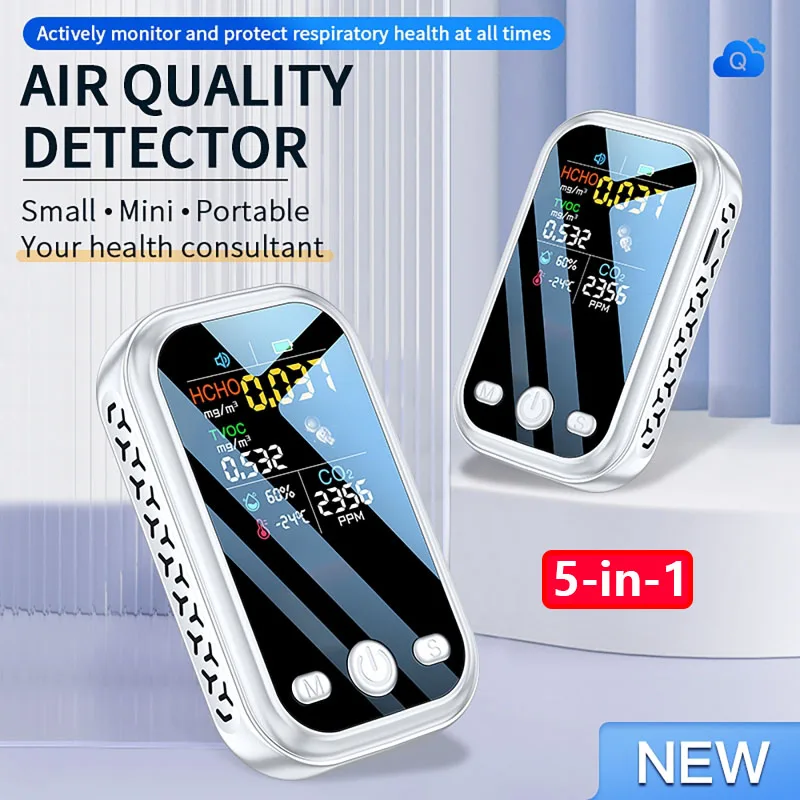 Mini 5 in 1 Carbon Dioxide Formaldehyde Detector Monitor Meter Multi-Function Air Quality Detector Temperature and Humidity