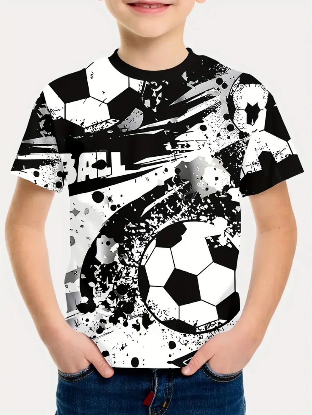 Men's T-Shirt Football Print Summer Kids Short Sleeve Tee Casual Pullover Sports Boy Tops Outdoor Breathable Children's Clothing