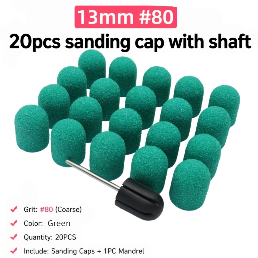 20Pcs 13mm Nail Drill Bits Sanding Caps 80 120 180 Grit with Mandrel Electric Nail File Manicure Pedicure Callus Remover