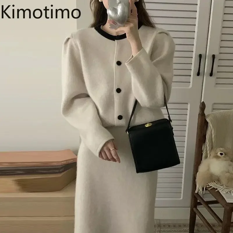 Kimotimo Knitted 2 Piece Sets Womens Korean Chic Elegant Round Neck Loose Sweater Cardigan High Waist A-line Long Skirts Suits