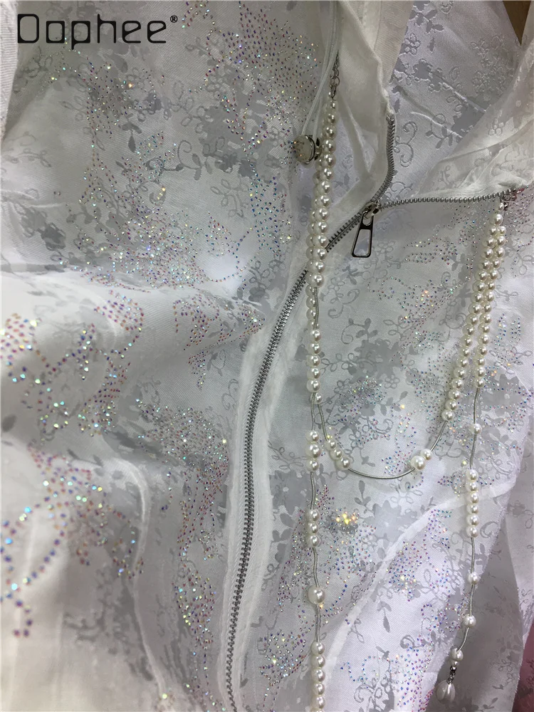 European Heavy Industry Hot Diamond Casual Coat Women Thin Style Lace Zipper Hooded Jacket Summer New Fashion Oversized Coat