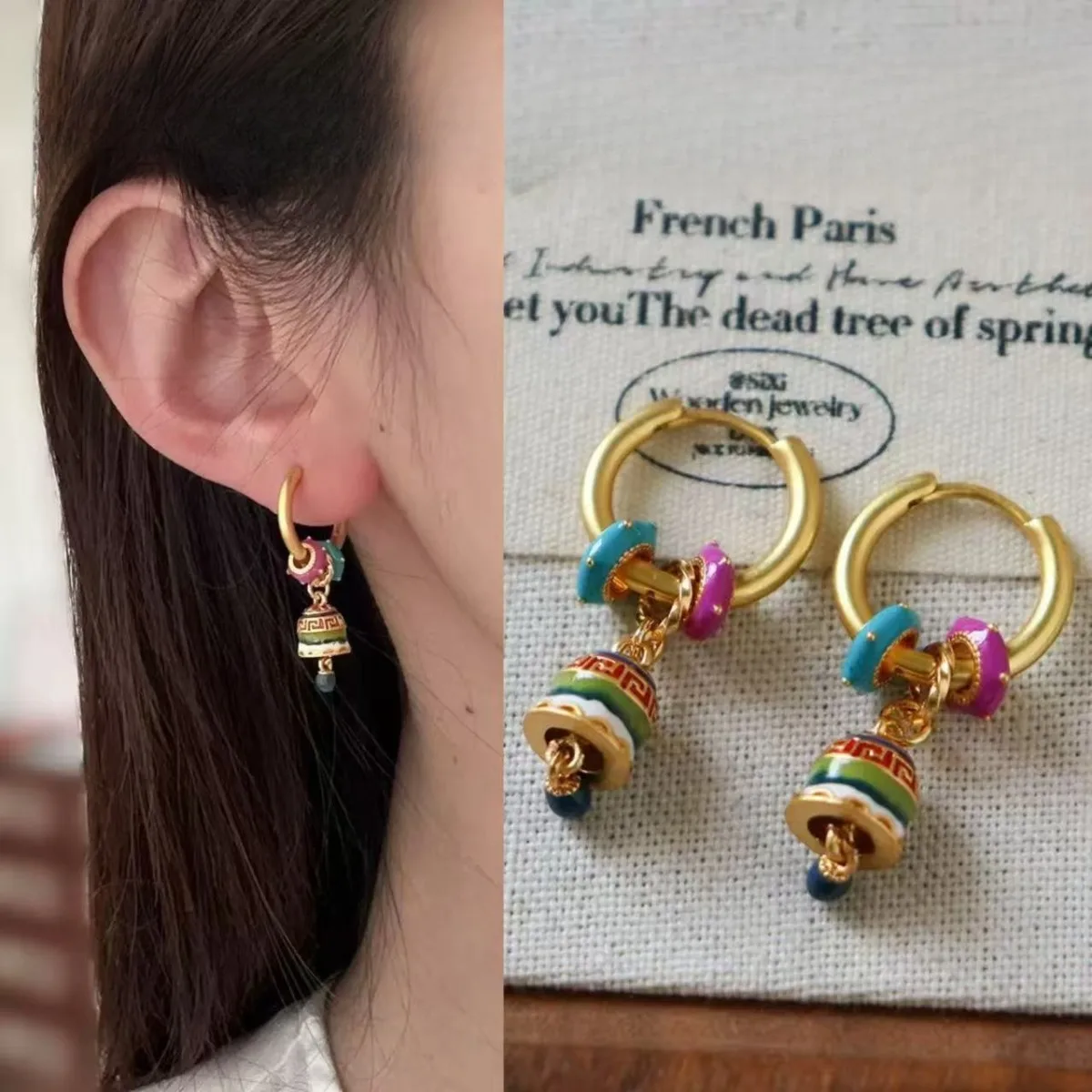 Retro Court-style Hand-painted Enamel Gold-plated Earrings for Women Removable Design Various Wearing Methods Luxurious Jewelry