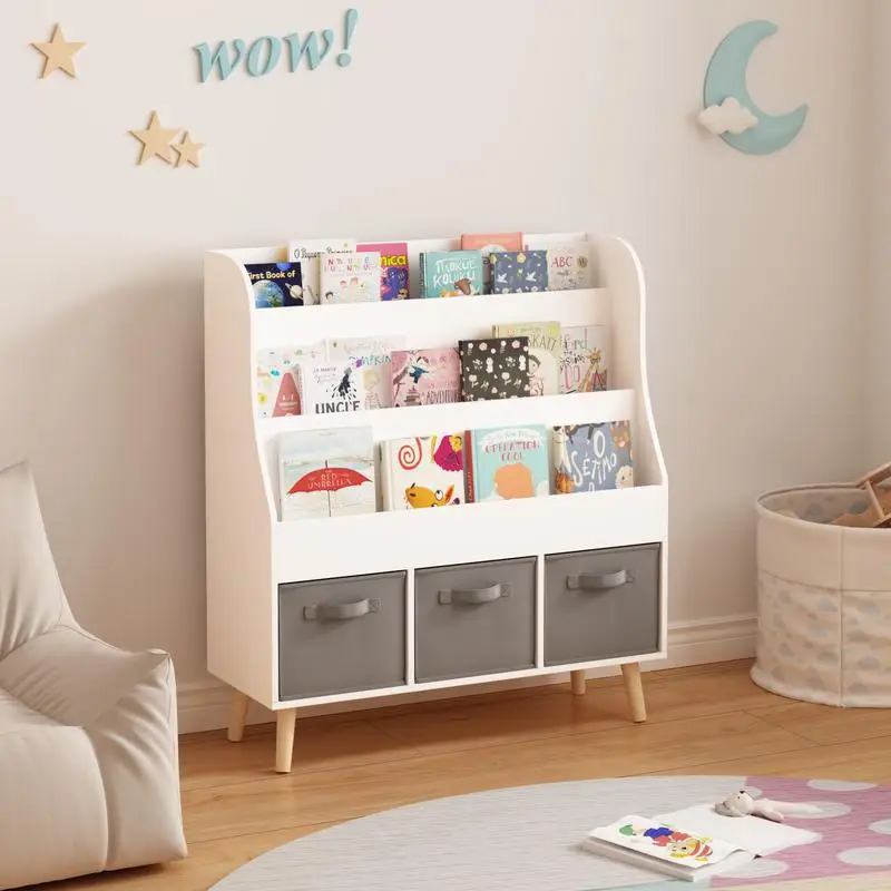 Bibliothèque pour enfants avec 3 bacs en tissu, organisateur d'affichage de livres en bois blanc pour les tout-petits et les enfants, support pour livres sur le devant avec