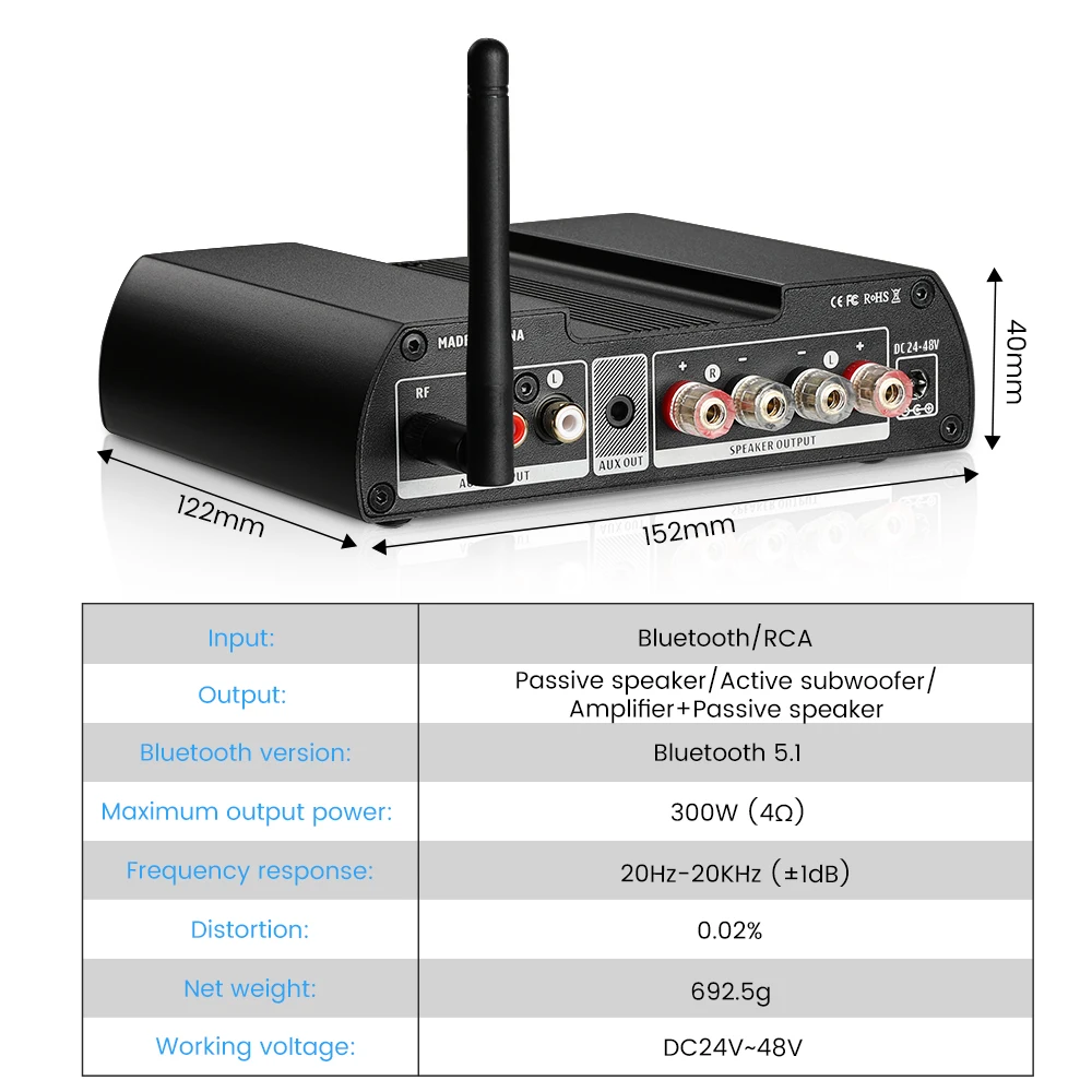 Aiyima-ステレオデジタルアンプ5.1 W × 2,Tepa3255 qcc5125,Bluetooth ATPX-HD,Vuメーター付きホームシアター用300