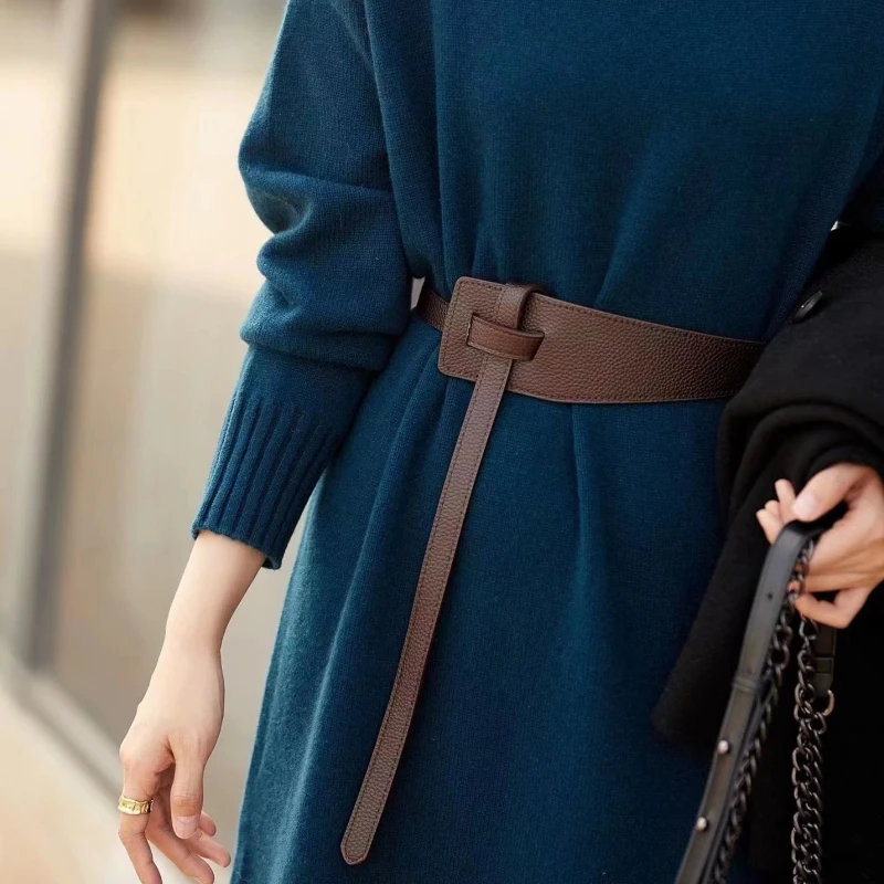 Women Knotted Waist Belt Genuine Leather Wild Soft Straps Black Coffee Waistband for Dress and Coat Accessories