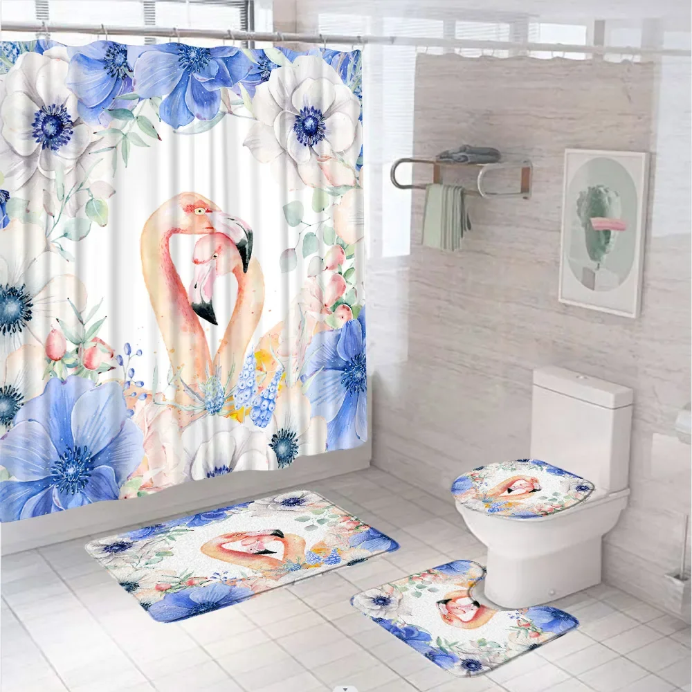 Flamingo Shower Curtain Bath Mat Set Animal Blue Flower Couple Bathroom Screen Toilet Lid Cover Anti-slip Carpet Flannel Rug Pad