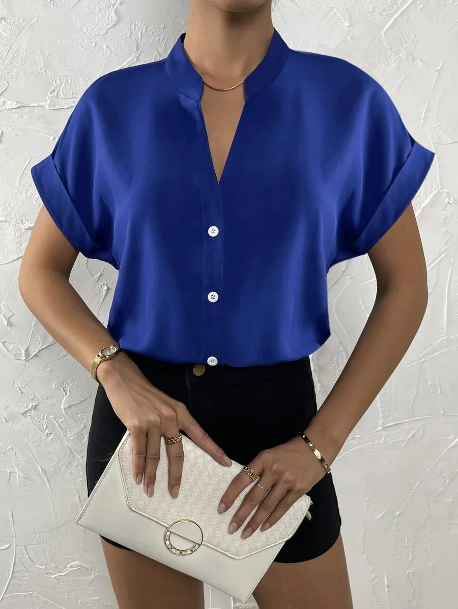 Sommer Elegante Kurze Sleene Feste Bluse Frauen Büro Casual V-ausschnitt Taste Shirts Top Weiße Dünne Blusen