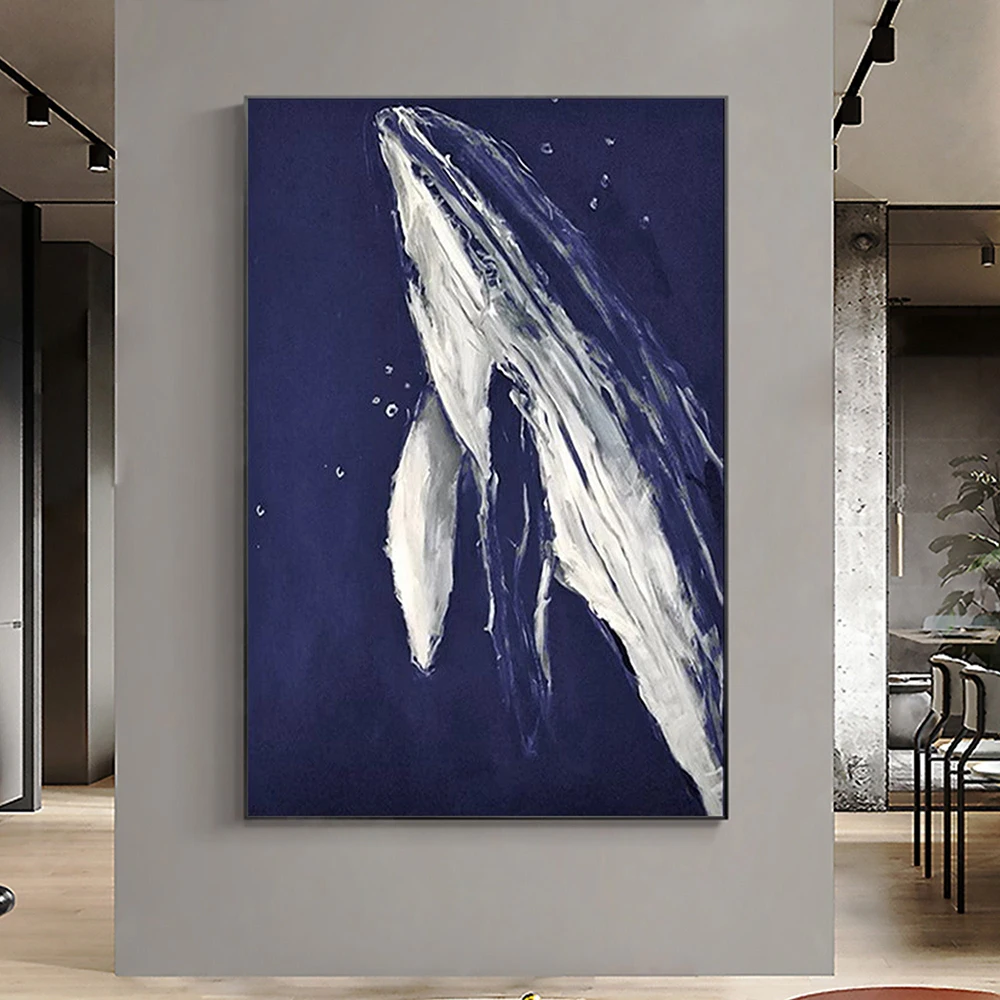 

Handmade Oil Painting Large Original Whale Oil Painting On Canvas Abstract Blue Deep Sea Painting Living room Wall Decorative