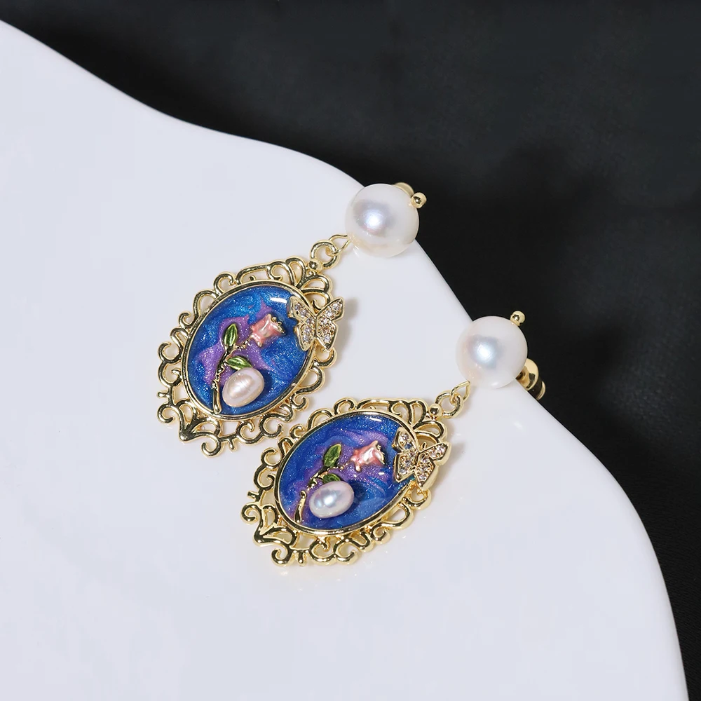 Natural Freshwater Pearl Oil Painting Butterfly Earrings Korean Style Women Luxury Jewelry Fashion Ladies and Girls Gift GE1569