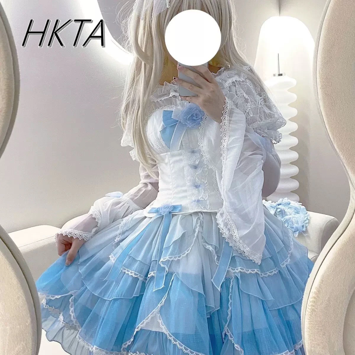 

Lolita Elegant Contrasting Cake Dress Waist Suit Women Lace Bubble Sleeve Pleated White Shirt High Waist Bow Long Dress Girls