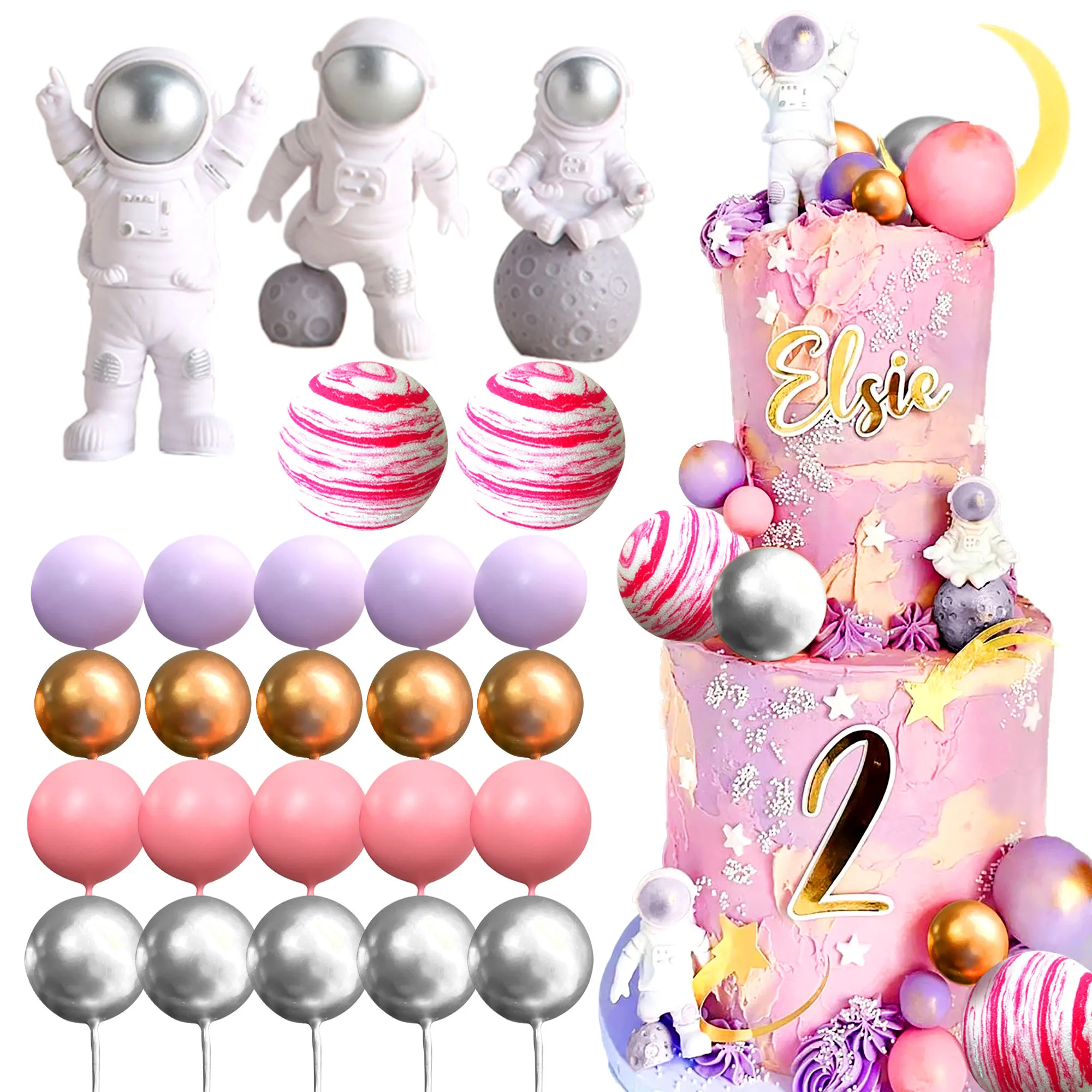 LaVenty Space Cake Toppers Outer Space Astronaut Rocket Stars Cake Decorations for Birthday Party Supplies Baby Shower