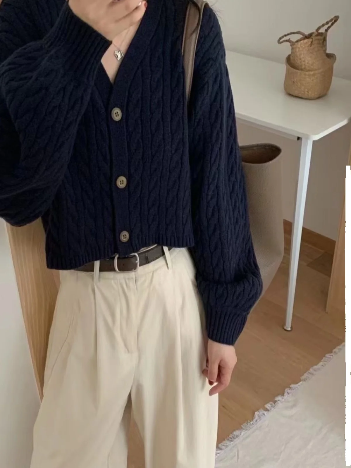 Вязаный свитер в стиле ретро, пальто, женский зимний ор, свободный фонарь Све V-Ne, витой вязаный открытый кардиган, корейский топ