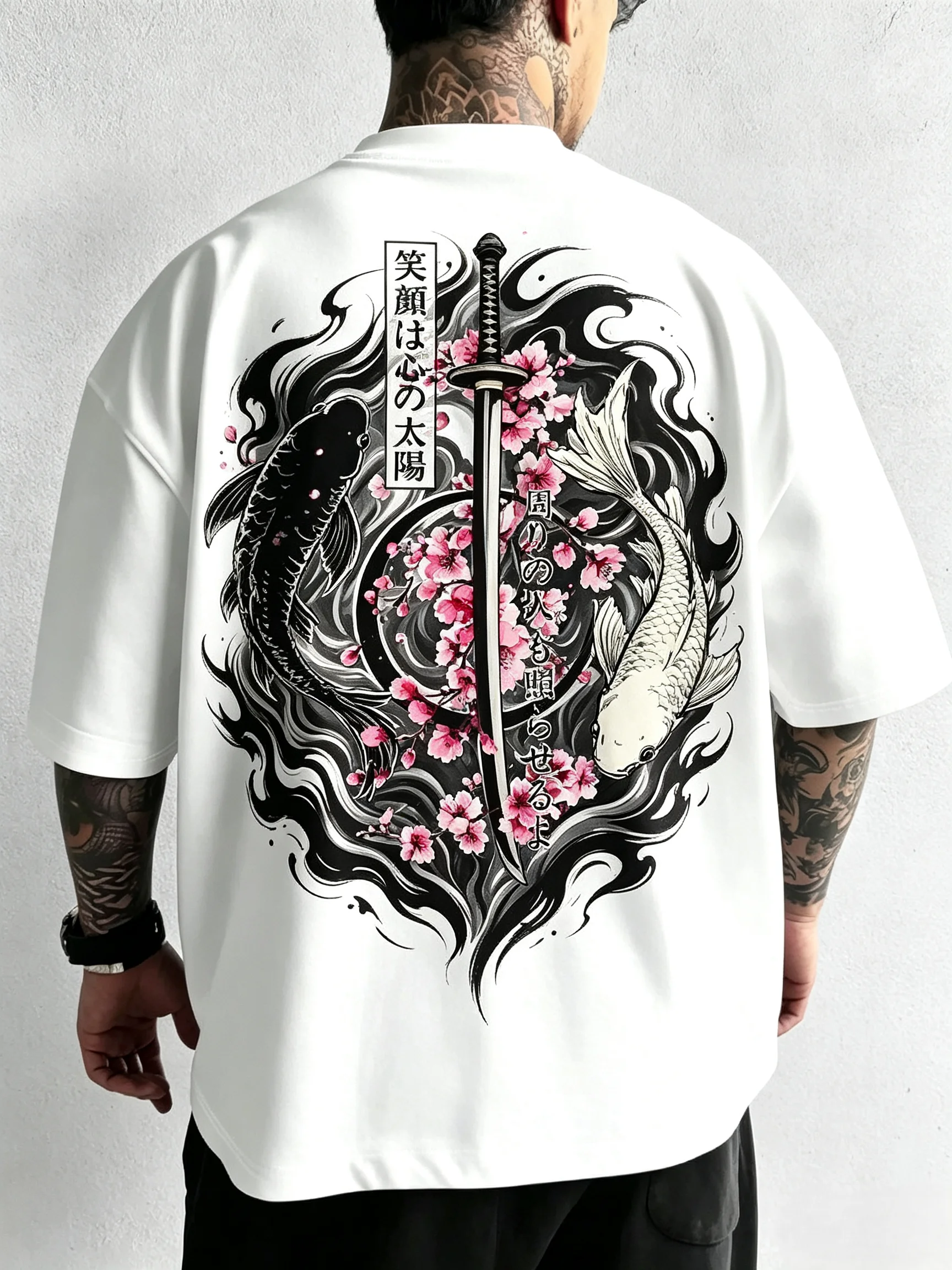 Unisex Japanese Tattoo Style T-Shirt Men Women Yin Yang Koi Carp Sakura Samurai Katana Back Print With Japanese Text Graphic Oversized Streetwear Short Sleeve Tops