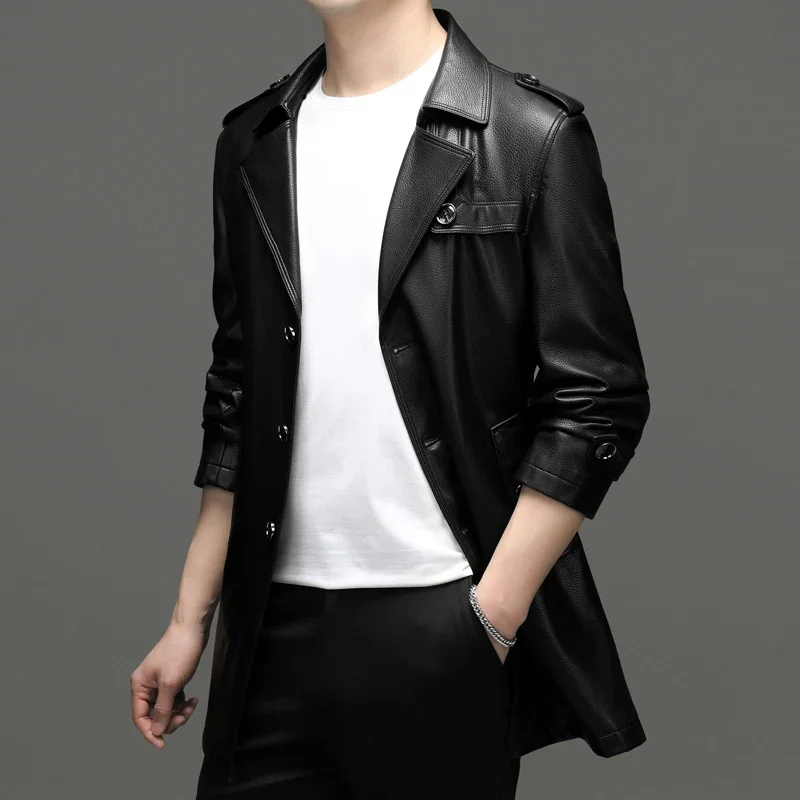 2025 New Genuine Leather Clothes Men's Mid-Length Suit Collar Trench Coat Business Jacket