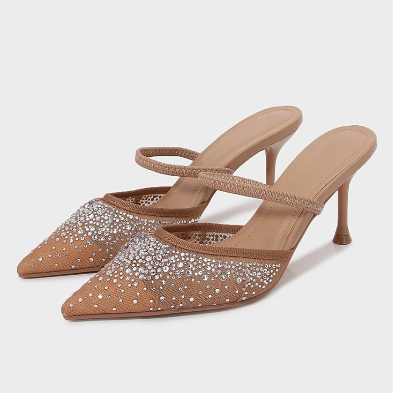 2025 Summer Women Pointed Toe High Heels Sandals Sexy Mesh Shiny Rhinestones Elegant Party Wedding Slingback Ladies Shoes