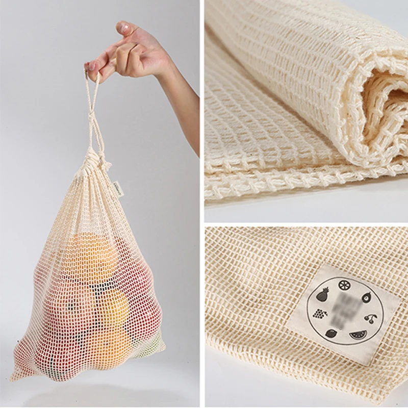 Fotografia 5: 6/10 pacotes de sacos de produção reutilizáveis de algodão orgânico, com cordão, sacos de malha para compras de supermercado, legumes e frutas